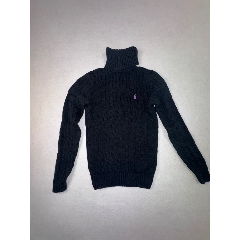 Polo Ralph Lauren Womens Black Cable Knit Turtleneck Sweater Purple Pony Logo